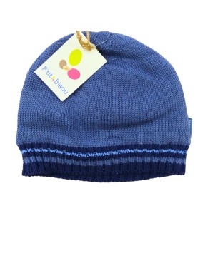 Bonnet bleu liseré P'TIT BISOU taille 6-12 mois